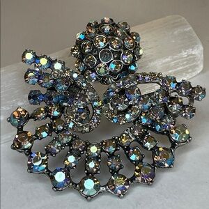 Vintage 1950's Ballou & Co Detachable Fan AB Rhinestone Brooch Earring Combo